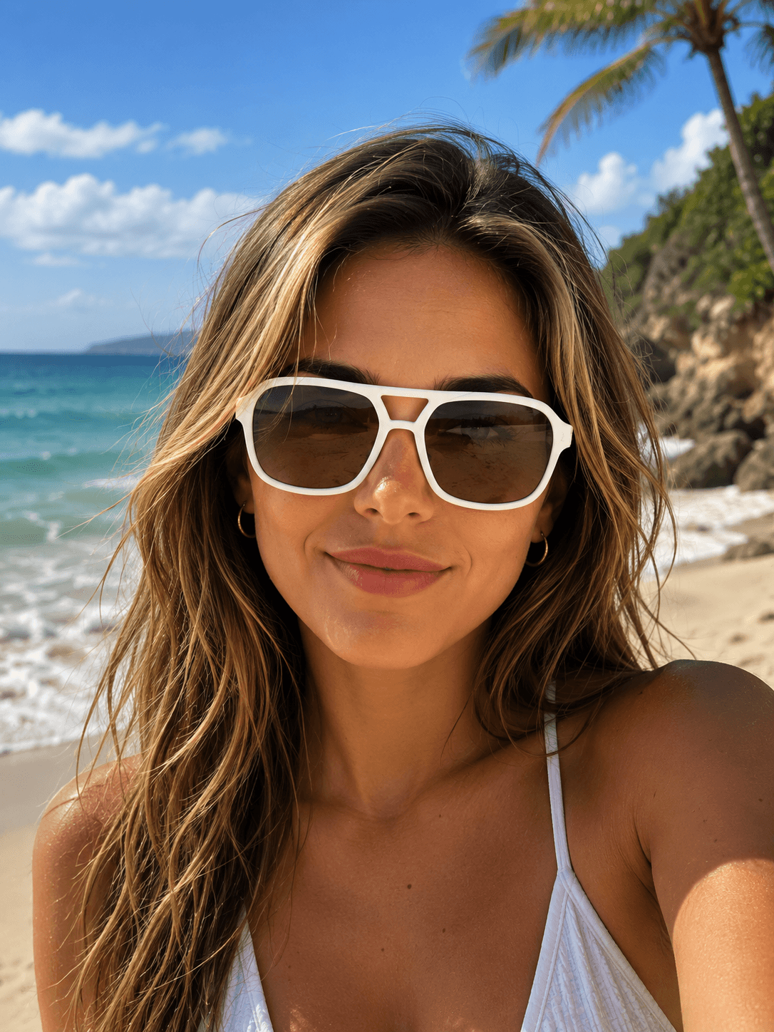 Sunglasses Classic Women’s Pilot Vintage Double Bridge Shades. White Frame with Tea Coloured Lens