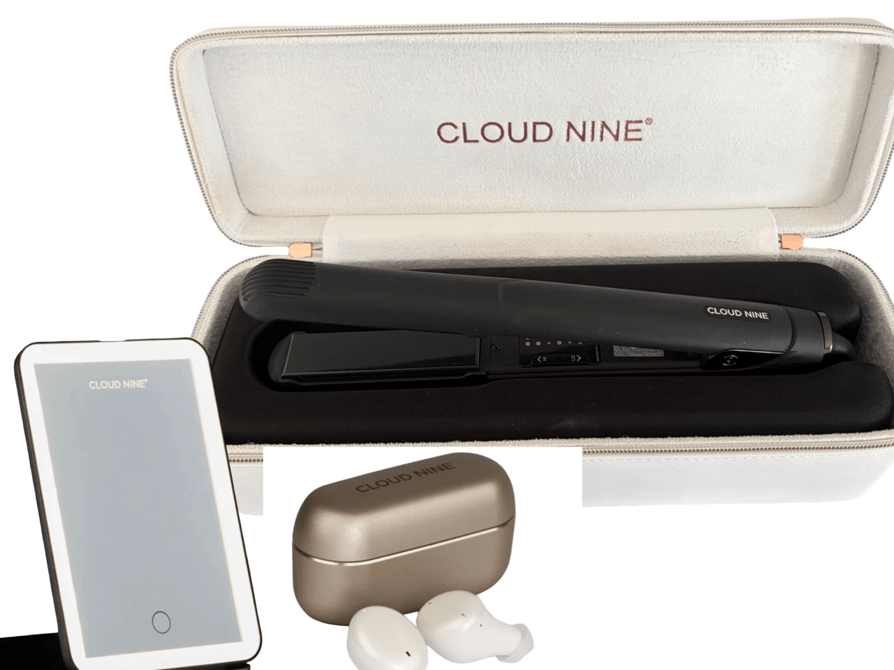 CLOUD NINE Original Hair Straighteners Christmas Gift Set. Including Cloud Nine LED Mirror & Ear Pods.
