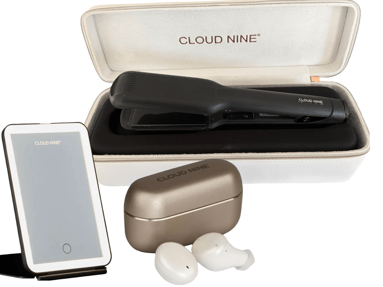 CLOUD NINE WIDE Hair Straighteners Christmas Gift Set. Including Cloud Nine LED Mirror & Ear Pods.